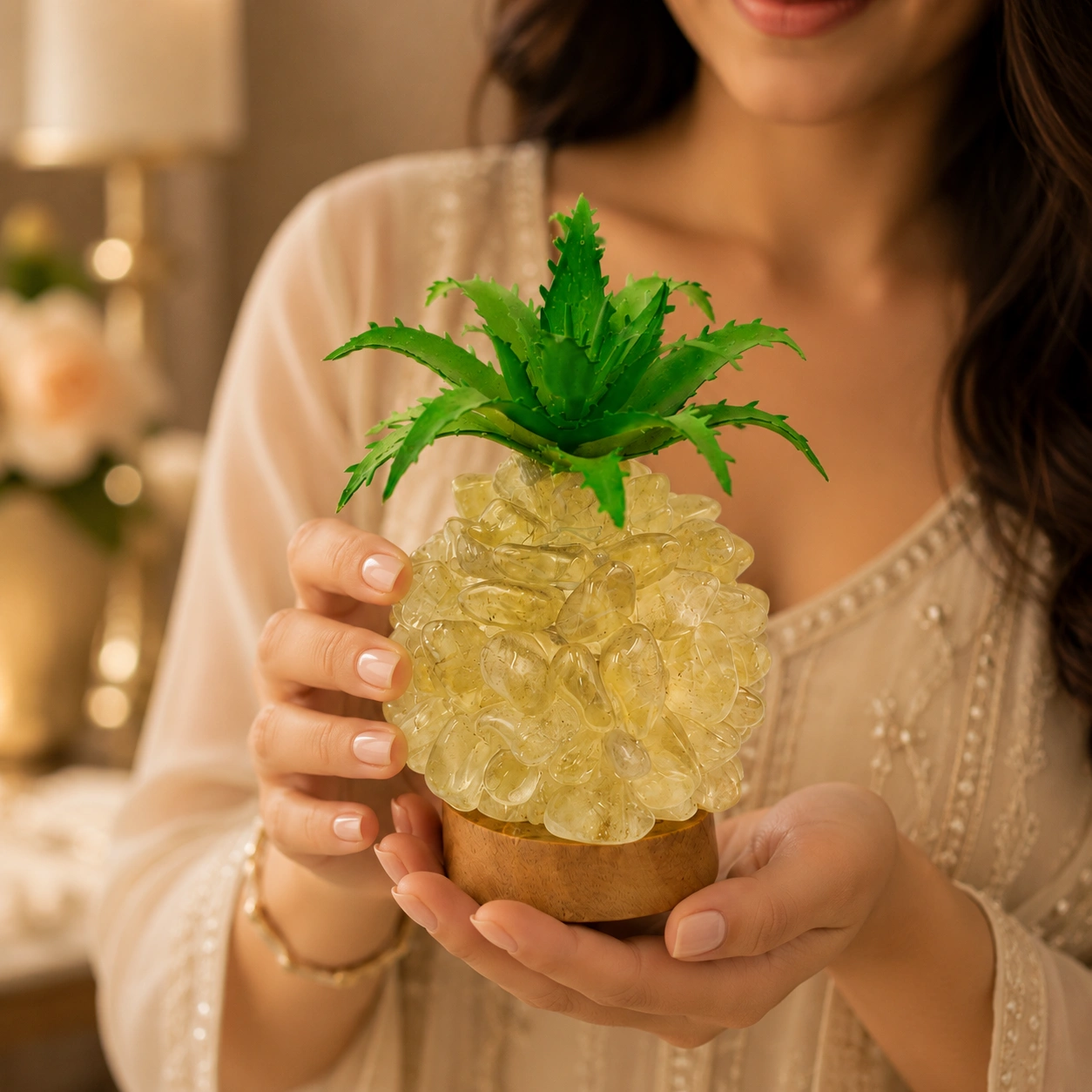 Electric Glowing Crystal Pineapple Decor Lamp – Natural Semi-Precious Stone Chips with Wooden Base 3
