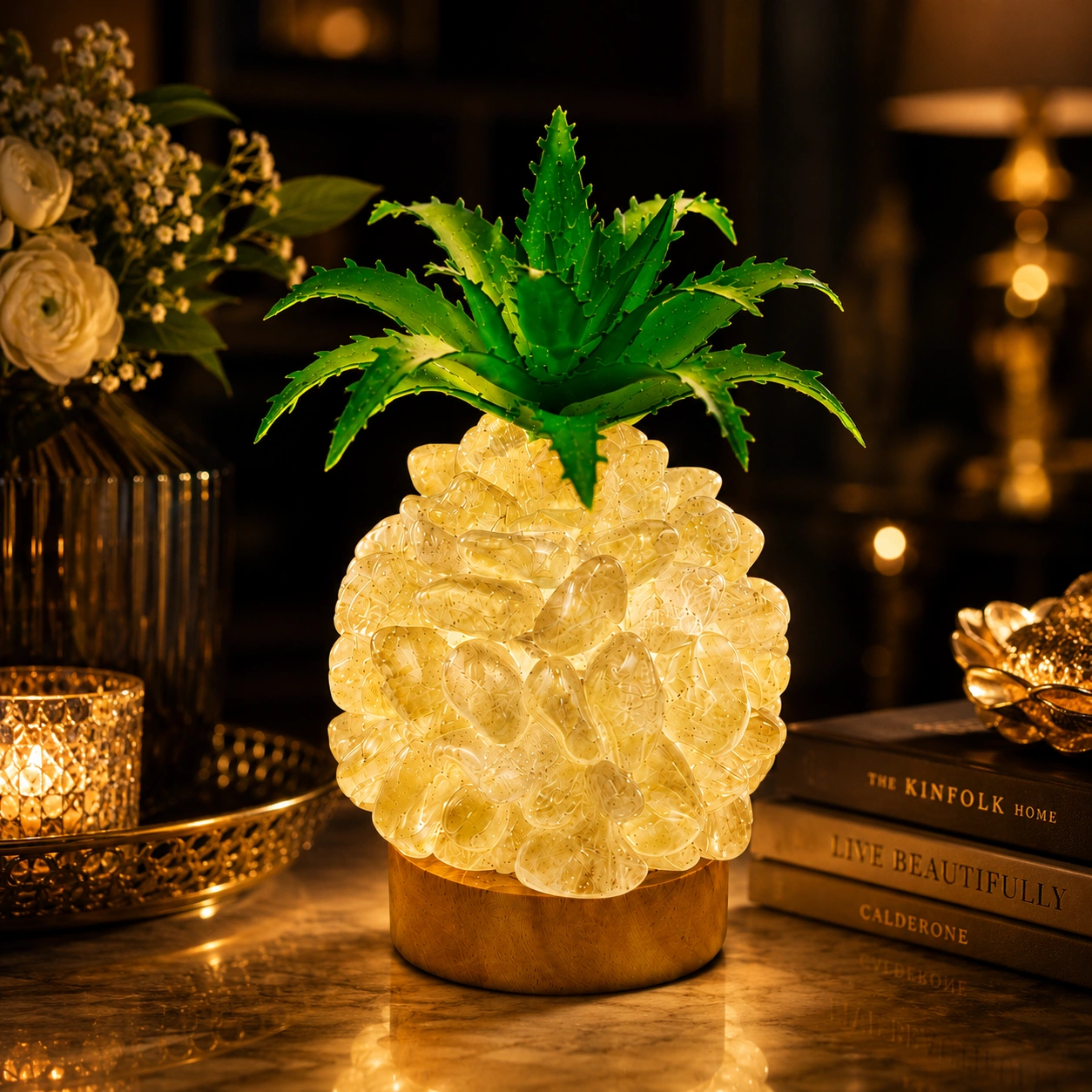 Electric Glowing Crystal Pineapple Decor Lamp – Natural Semi-Precious Stone Chips with Wooden Base 1