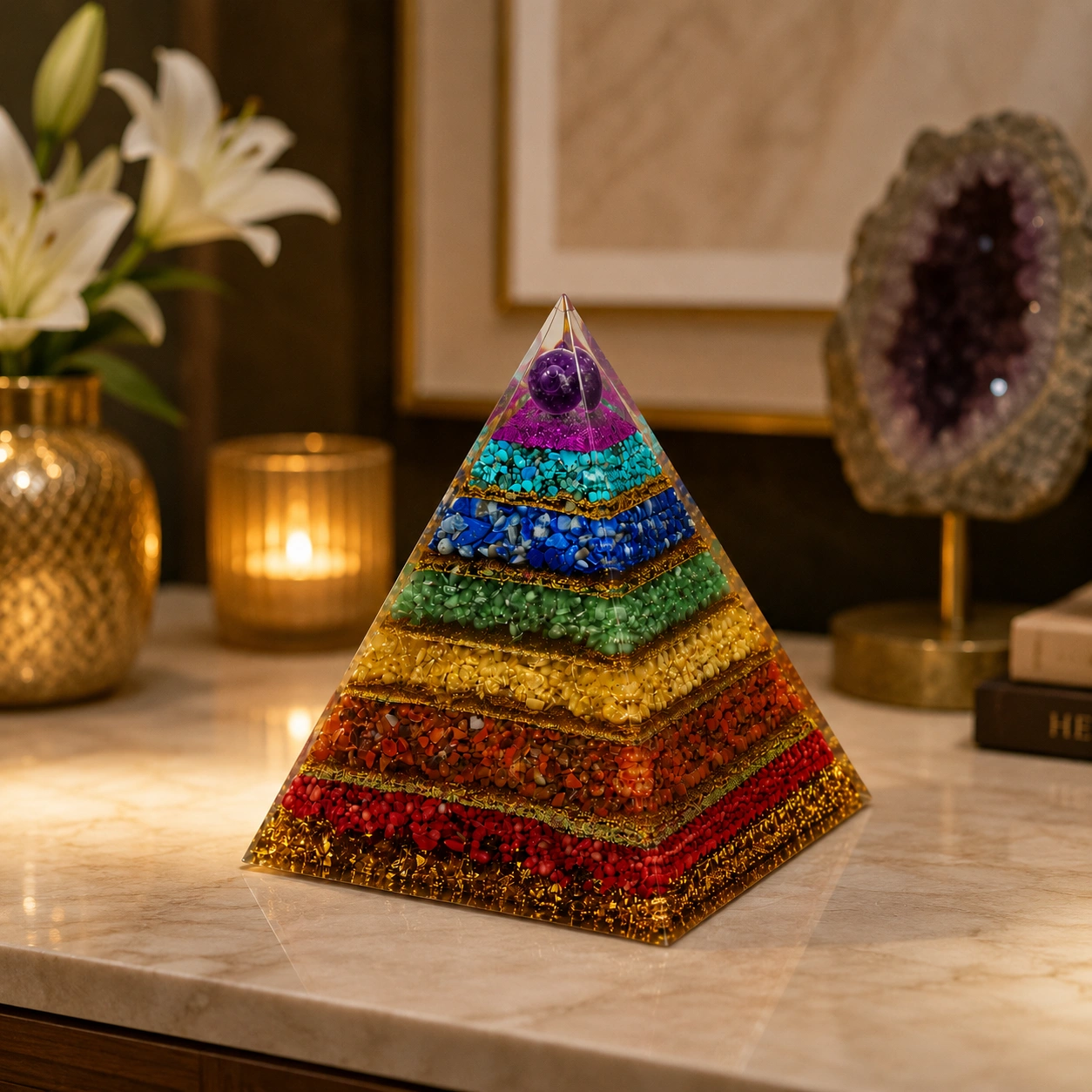 7 Chakra Crystal Pyramid | Orgonite Energy Amplifier | 7 Natural Gemstone Layers | Amethyst, Lapis Lazuli, Turquoise, Green Aventurine, Citrine, Carnelian & Red Jasper | Meditation, Healing & Home Décor 1