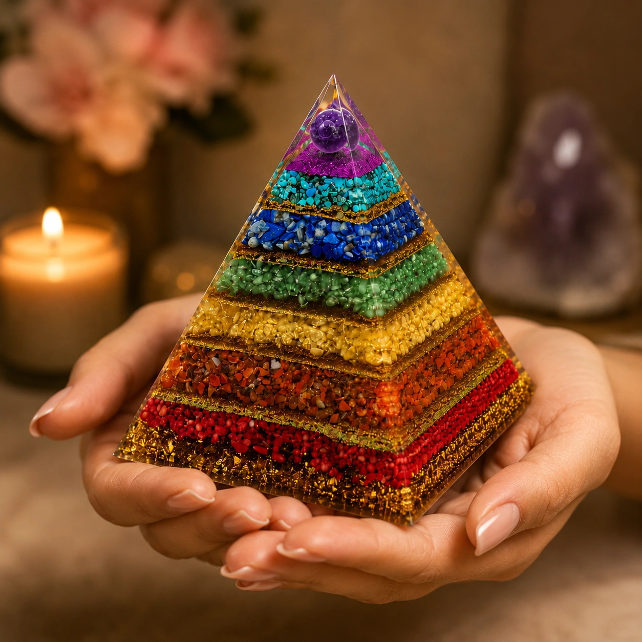 7 Chakra Crystal Pyramid | Orgonite Energy Amplifier | 7 Natural Gemstone Layers | Amethyst, Lapis Lazuli, Turquoise, Green Aventurine, Citrine, Carnelian & Red Jasper | Meditation, Healing & Home Décor 3