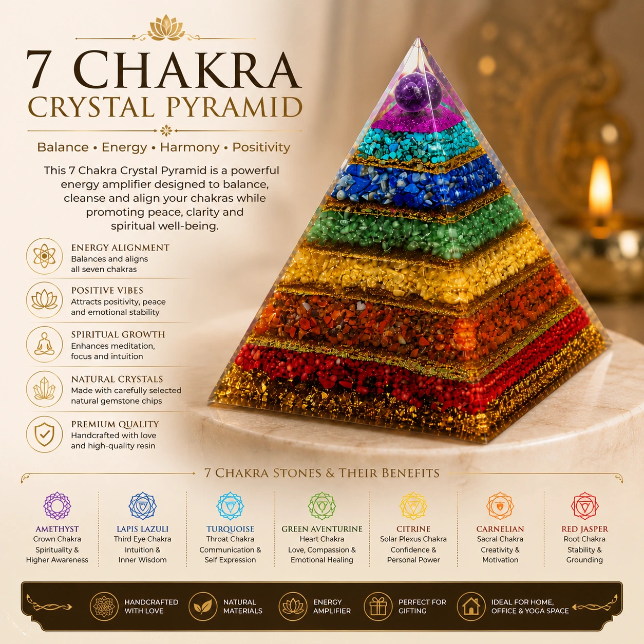 7 Chakra Crystal Pyramid | Orgonite Energy Amplifier | 7 Natural Gemstone Layers | Amethyst, Lapis Lazuli, Turquoise, Green Aventurine, Citrine, Carnelian & Red Jasper | Meditation, Healing & Home Décor 4