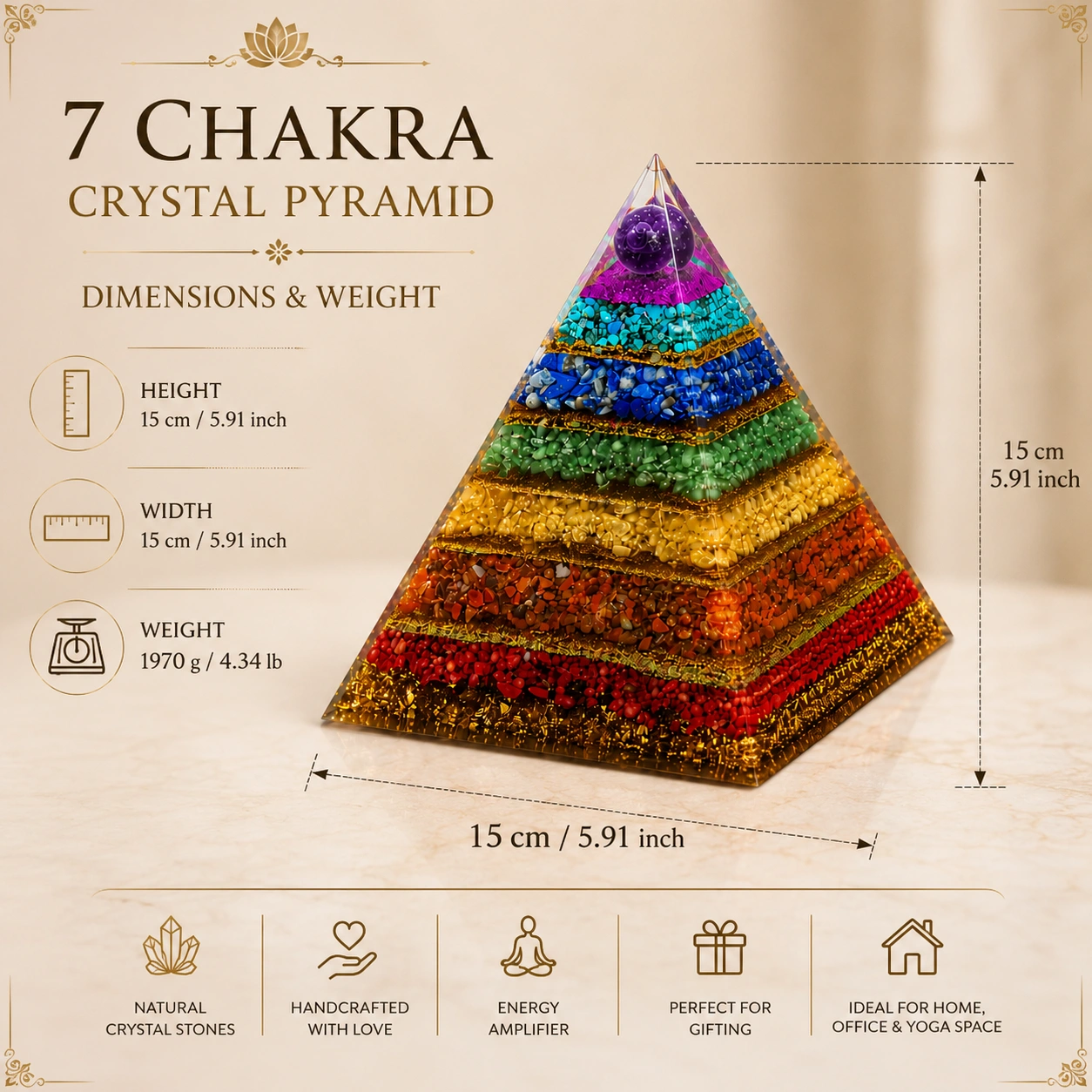 7 Chakra Crystal Pyramid | Orgonite Energy Amplifier | 7 Natural Gemstone Layers | Amethyst, Lapis Lazuli, Turquoise, Green Aventurine, Citrine, Carnelian & Red Jasper | Meditation, Healing & Home Décor 5