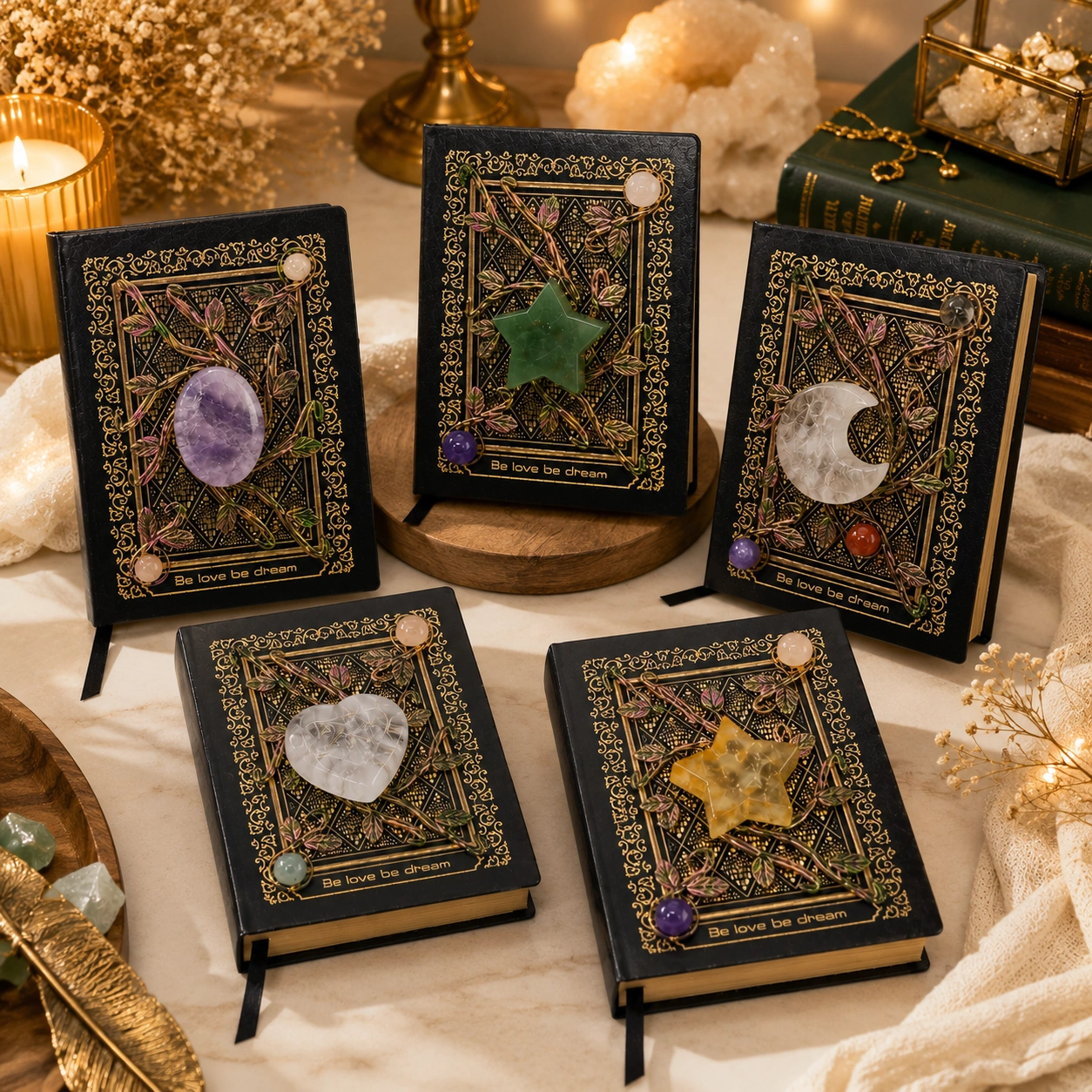 'Be Love Be Dream' Crystal Embellished Journal - Vintage Hardcover Notebook with Natural Gemstone & Hand-Painted Vine Cover | Diary, Grimoire, Manifestation Journal | Gift for Writers & Crystal Lovers | A5 Size