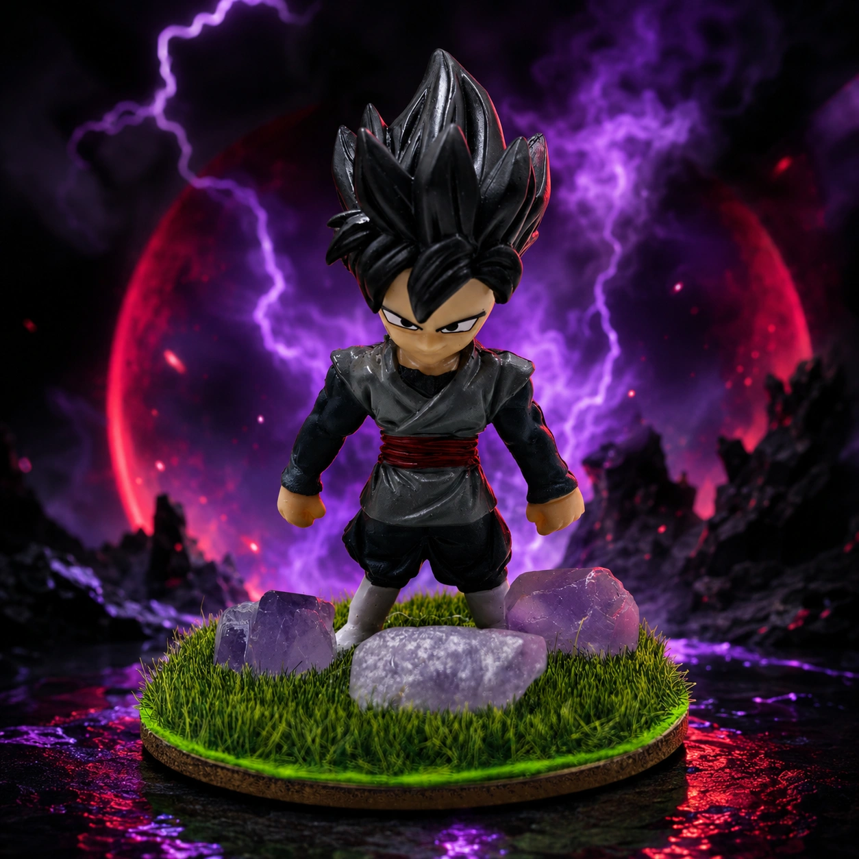 Black Goku Anime Warrior Figurine Decor | Premium Collectible Tabletop Accent with Grass Base & Amethyst-Style Crystal Stones | Luxury Home Decor Gift 1