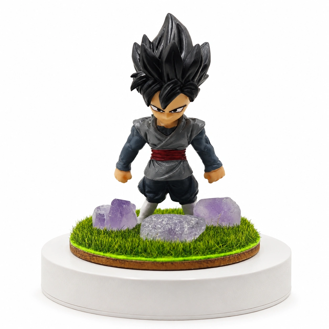 Black Goku Anime Warrior Figurine Decor | Premium Collectible Tabletop Accent with Grass Base & Amethyst-Style Crystal Stones | Luxury Home Decor Gift 2