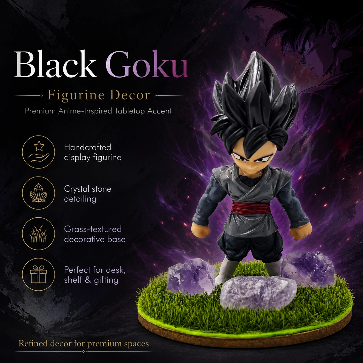 Black Goku Anime Warrior Figurine Decor | Premium Collectible Tabletop Accent with Grass Base & Amethyst-Style Crystal Stones | Luxury Home Decor Gift 5
