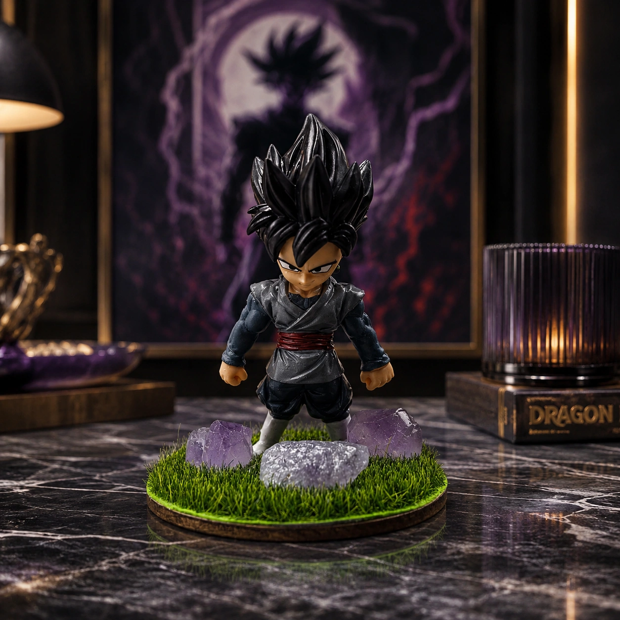 Black Goku Anime Warrior Figurine Decor | Premium Collectible Tabletop Accent with Grass Base & Amethyst-Style Crystal Stones | Luxury Home Decor Gift 3