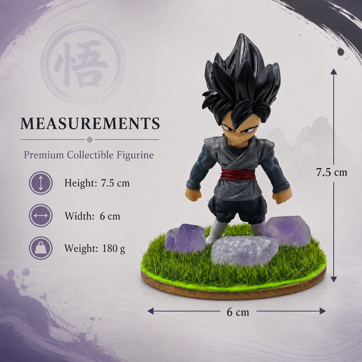 Black Goku Anime Warrior Figurine Decor | Premium Collectible Tabletop Accent with Grass Base & Amethyst-Style Crystal Stones | Luxury Home Decor Gift 4