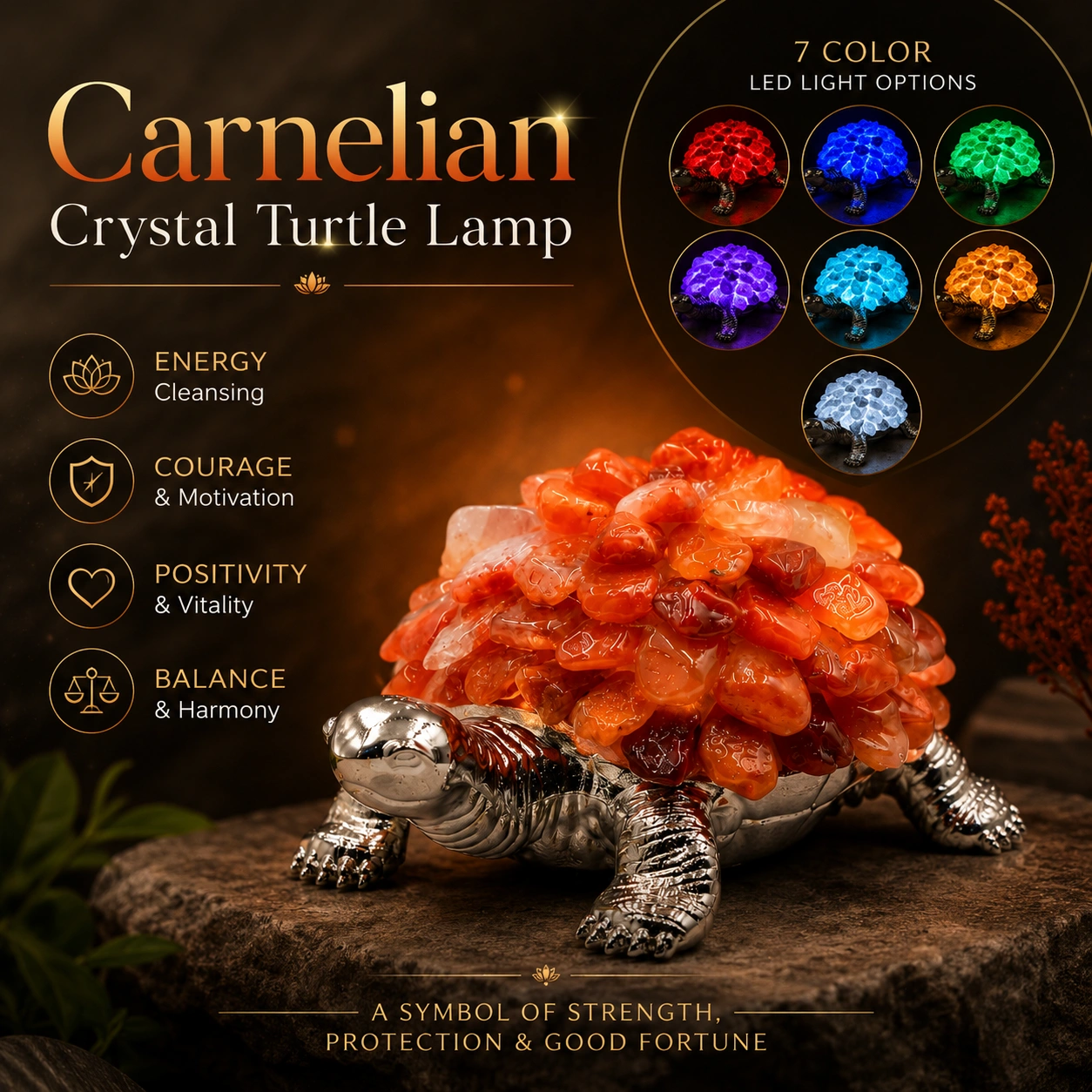 Carnelian Crystal Turtle Lamp — 7-Colour LED Decorative Crystal Tortoise | Feng Shui Good Fortune Décor — view 2