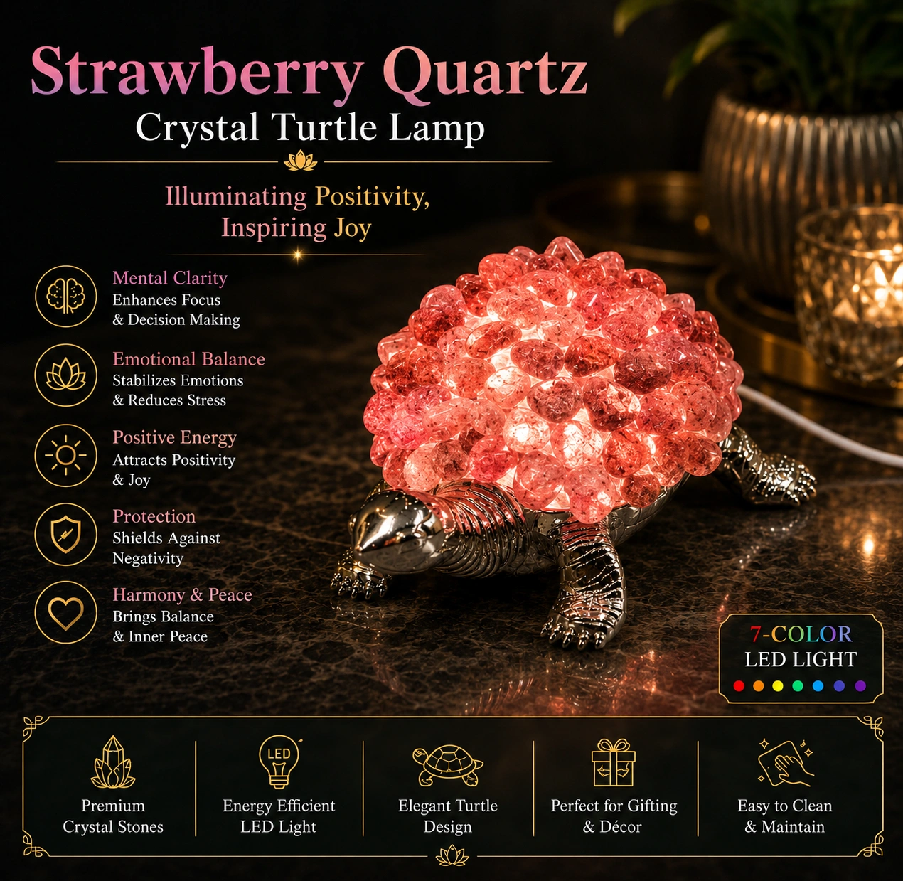 Strawberry Quartz Crystal Turtle Lamp