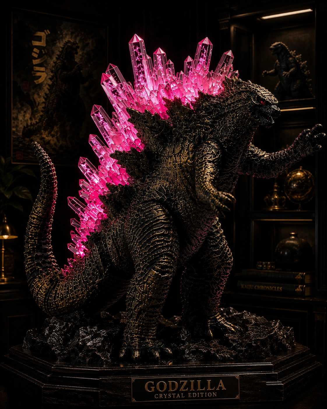 Godzilla Crystal Edition Figurine — Large | Premium Resin Antique Gold Finish | Pink Aura Crystal Dorsal Fins | Collector's Figurine & Home Décor Gift
