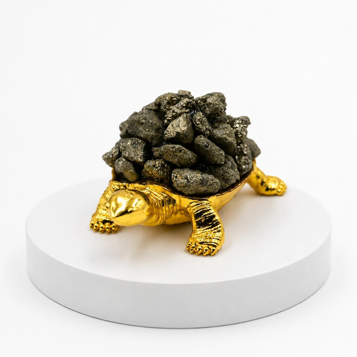 Golden Pyrite Turtle LED Decor with Natural Pyrite Stones, Metallic Gold Turtle Base & Purple Ambient Glow 2