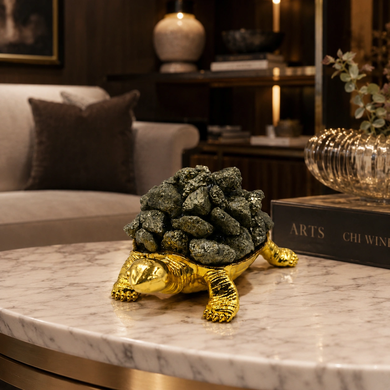 Golden Pyrite Turtle LED Decor with Natural Pyrite Stones, Metallic Gold Turtle Base & Purple Ambient Glow 1