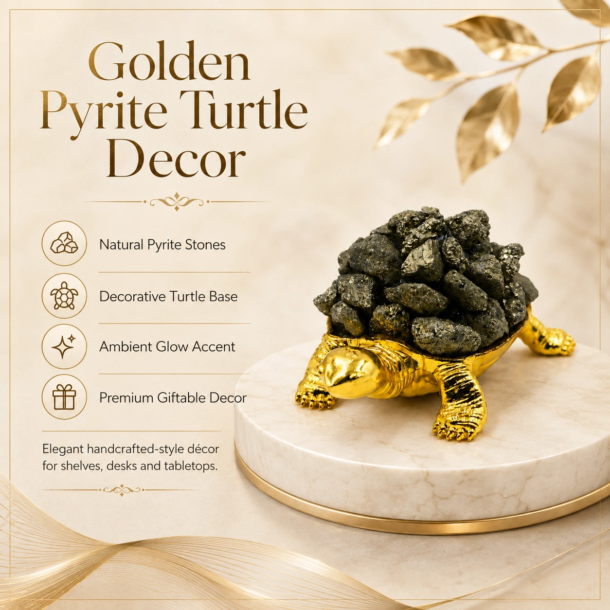 Golden Pyrite Turtle LED Decor with Natural Pyrite Stones, Metallic Gold Turtle Base & Purple Ambient Glow 6