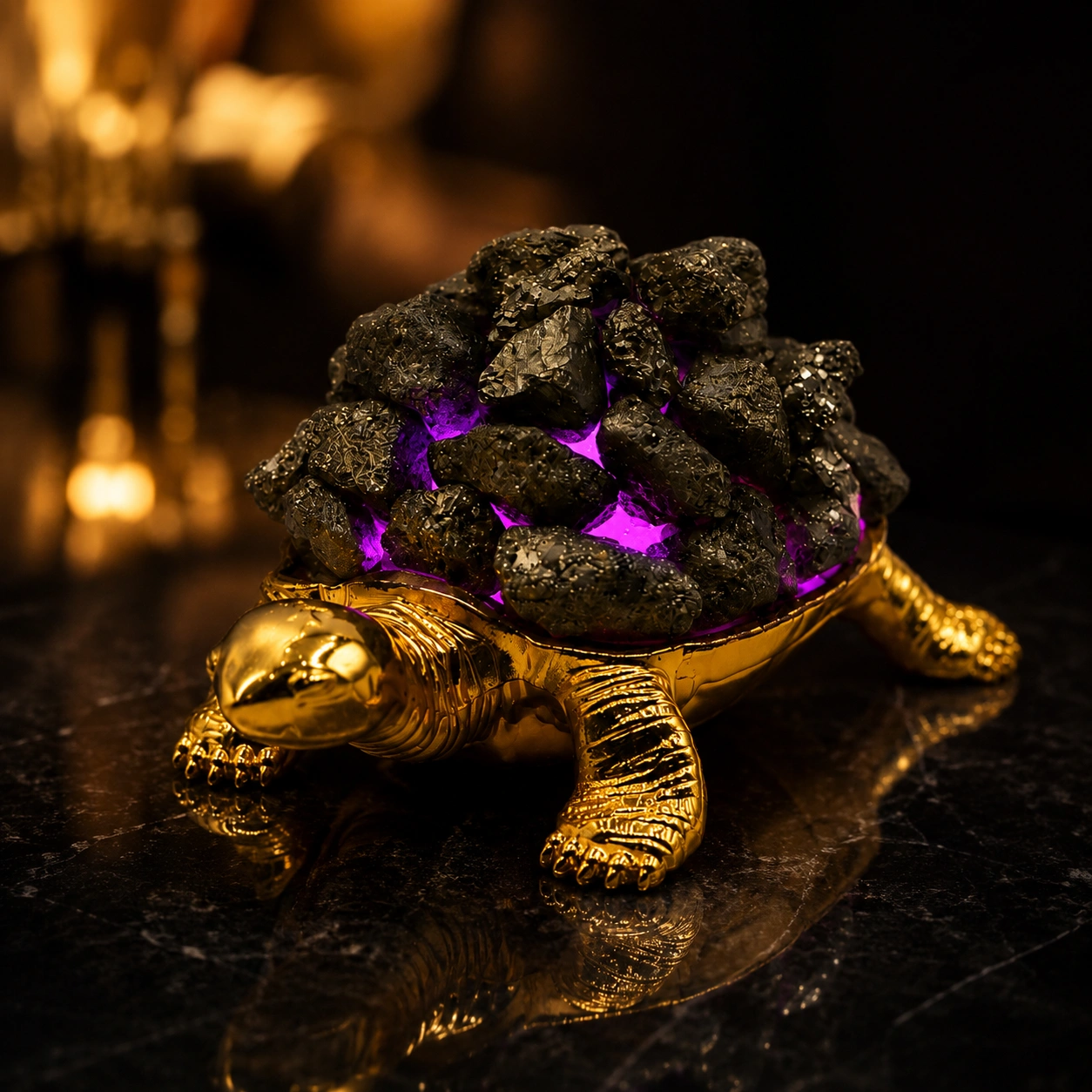 Golden Pyrite Turtle LED Decor with Natural Pyrite Stones, Metallic Gold Turtle Base & Purple Ambient Glow 4