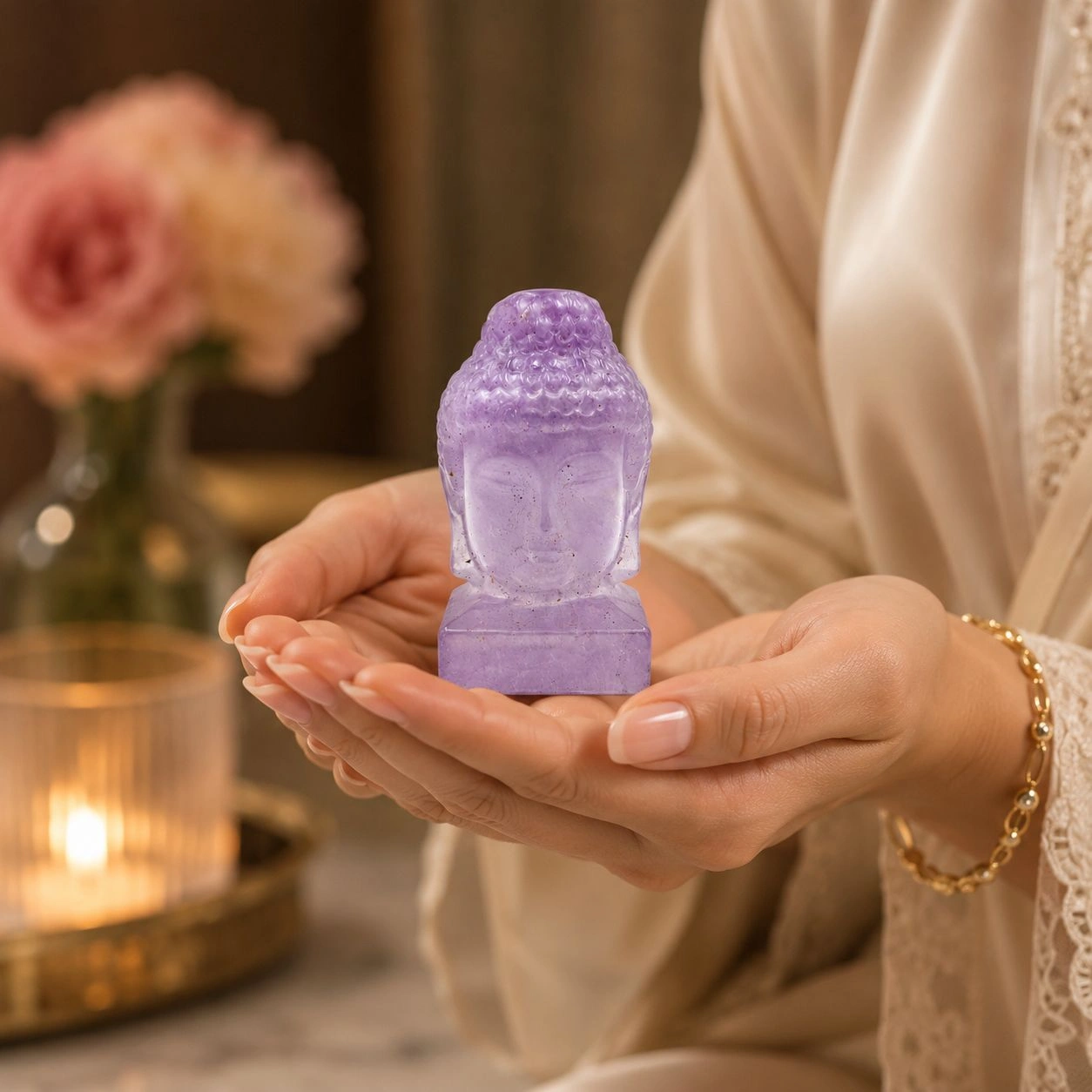 Hand-Carved Natural Crystal Buddha Head Figurine | Rainbow Fluorite, Green Fluorite & Amethyst Stone Variants | Premium Meditation & Home Decor Gift 3