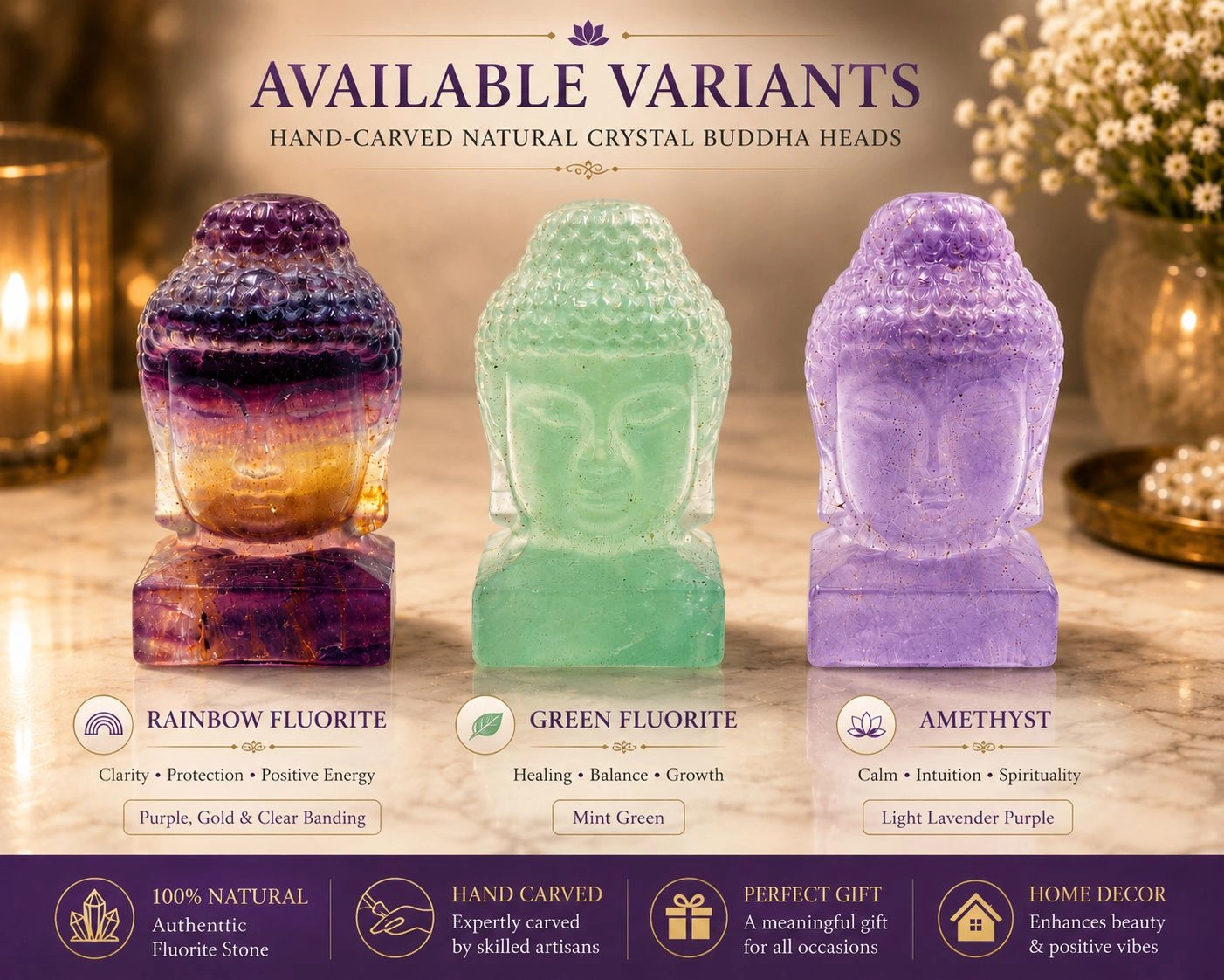 Hand-Carved Natural Crystal Buddha Head Figurine | Rainbow Fluorite, Green Fluorite & Amethyst Stone Variants | Premium Meditation & Home Decor Gift 7