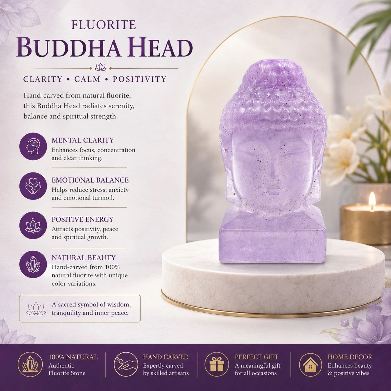 Hand-Carved Natural Crystal Buddha Head Figurine | Rainbow Fluorite, Green Fluorite & Amethyst Stone Variants | Premium Meditation & Home Decor Gift 6