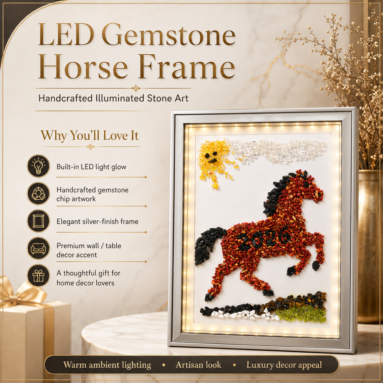 LED Gemstone Frame Art – Handcrafted Illuminated Natural Stone Wall & Table Décor 5