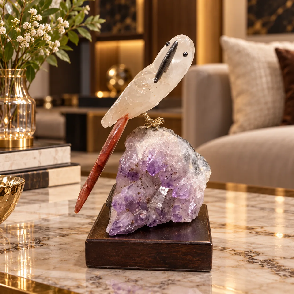 Natural Clear Quartz Bird on Amethyst Crystal Base | Stone Mart