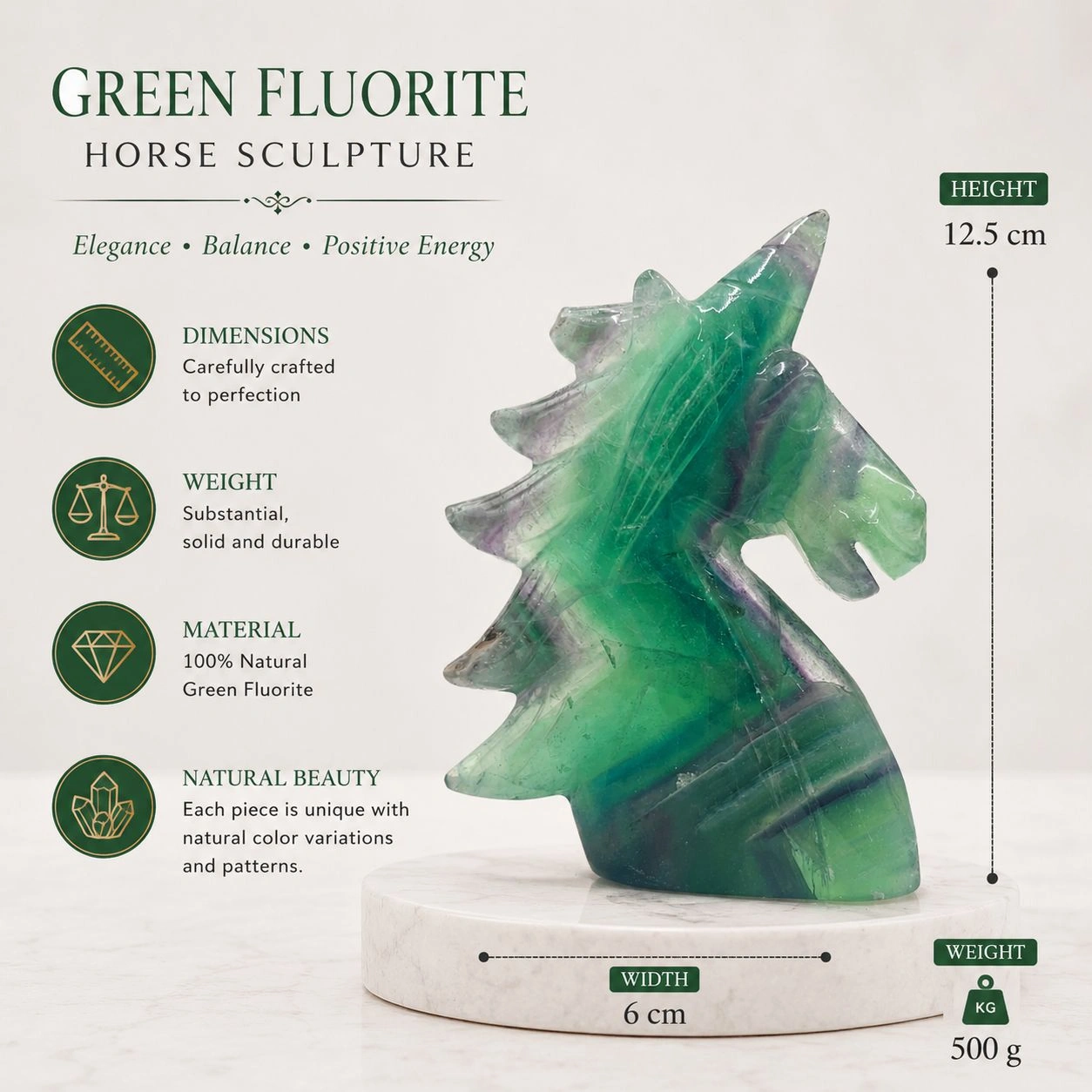 Natural Crystal Horse Sculpture | Hand Carved Green Fluorite & Amethyst Horse Figurine | Premium Stone Home Decor Gift