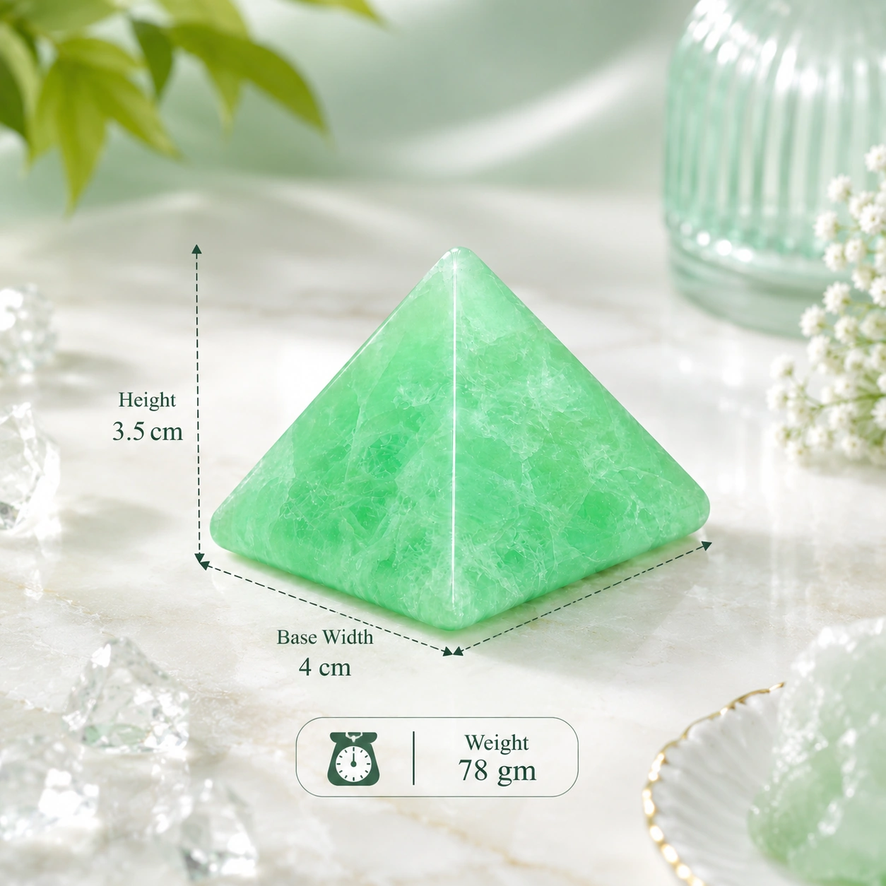 Natural Green Fluorite Crystal Pyramid - Hand-Polished Mint Glow Gemstone Pyramid for Clarity, Calm & Positive Transformation | Premium Feng Shui & Vastu Decor for Home, Office & Meditation Space | 3.5 cm Height / 4 cm Base / 78 g | Stone Mart — view 4