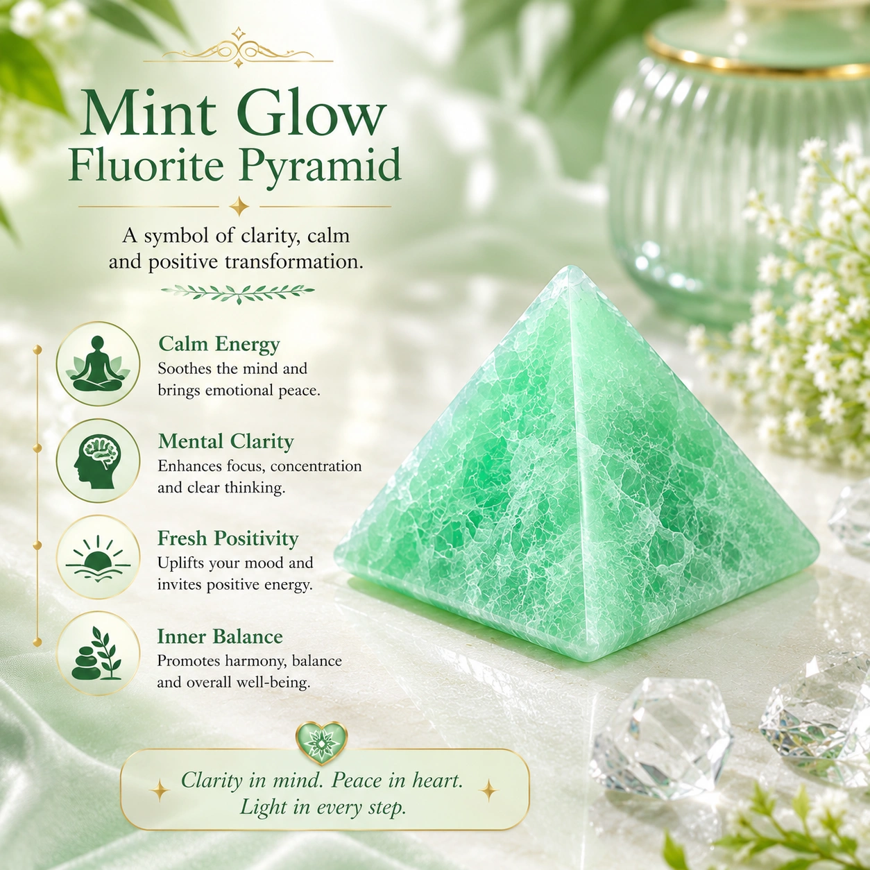 Natural Green Fluorite Crystal Pyramid - Hand-Polished Mint Glow Gemstone Pyramid for Clarity, Calm & Positive Transformation | Premium Feng Shui & Vastu Decor for Home, Office & Meditation Space | 3.5 cm Height / 4 cm Base / 78 g | Stone Mart — view 5