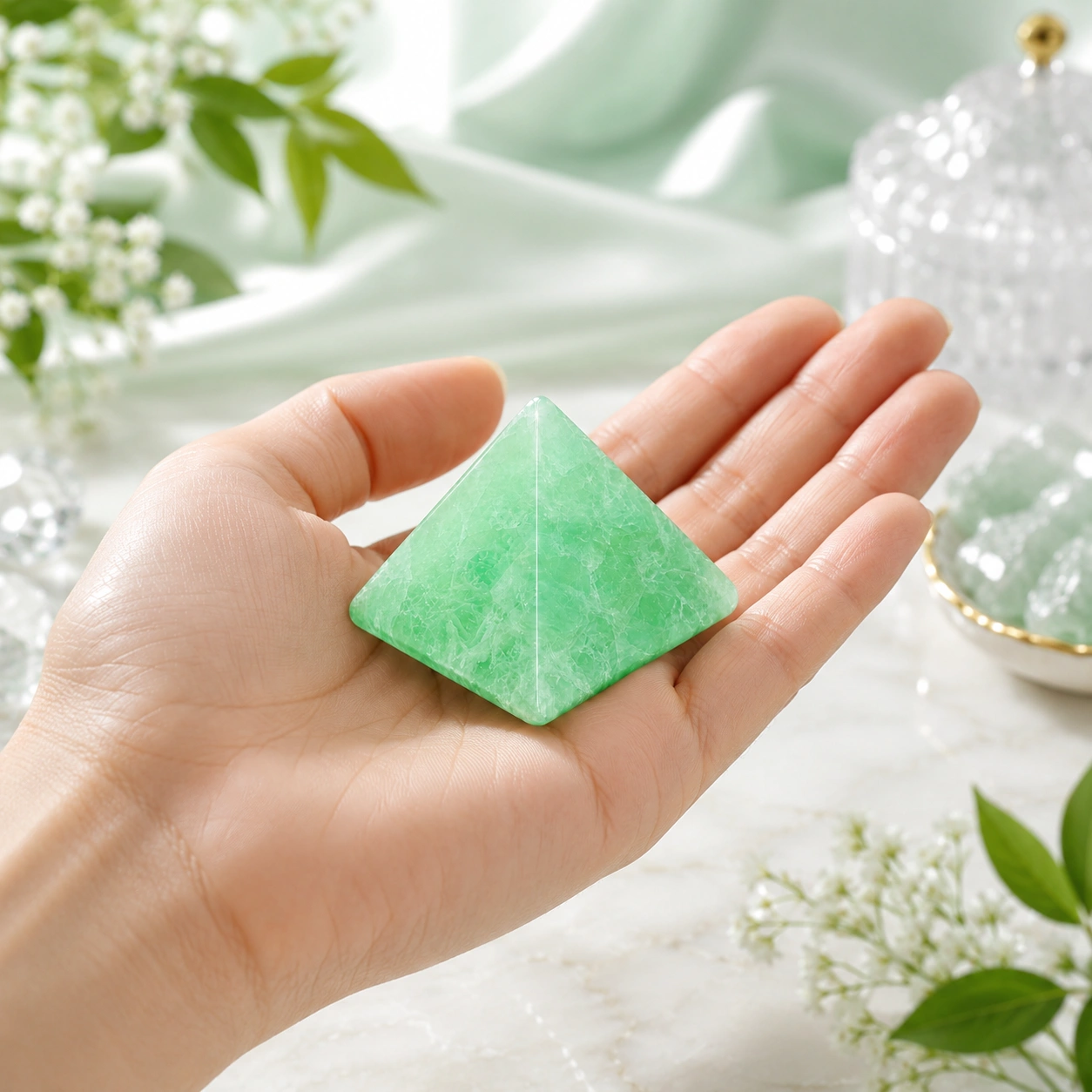 Natural Green Fluorite Crystal Pyramid - Hand-Polished Mint Glow Gemstone Pyramid for Clarity, Calm & Positive Transformation | Premium Feng Shui & Vastu Decor for Home, Office & Meditation Space | 3.5 cm Height / 4 cm Base / 78 g | Stone Mart — view 3