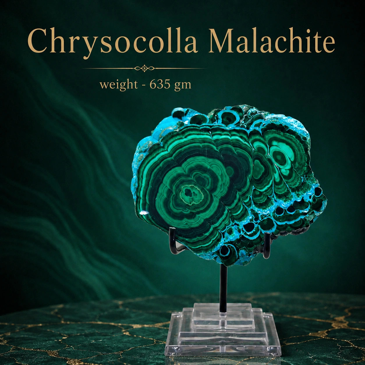 Natural Large Size Chrysocolla Malachite Decorative Stone on Stand, Large Size, 778 gm