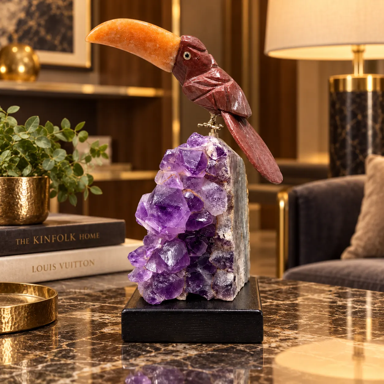Gemstone Toucan Bird on Amethyst Crystal Cluster | Stone Mart