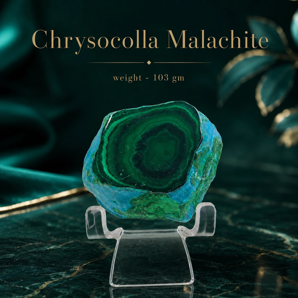Natural Small Size Chrysocolla Malachite Decorative Stone with Clear Acrylic Display Stand, 54 gm — view 2