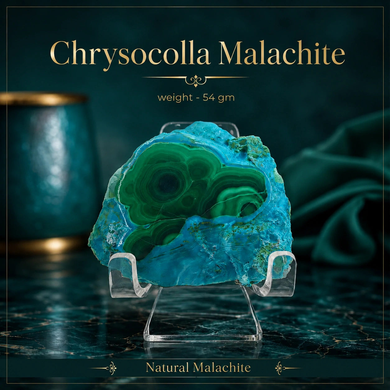 Natural Small Size Chrysocolla Malachite Decorative Stone with Clear Acrylic Display Stand, 54 gm