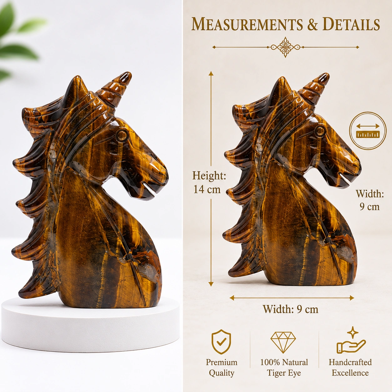 Large - Natural Tiger Eye Unicorn Horse Head
