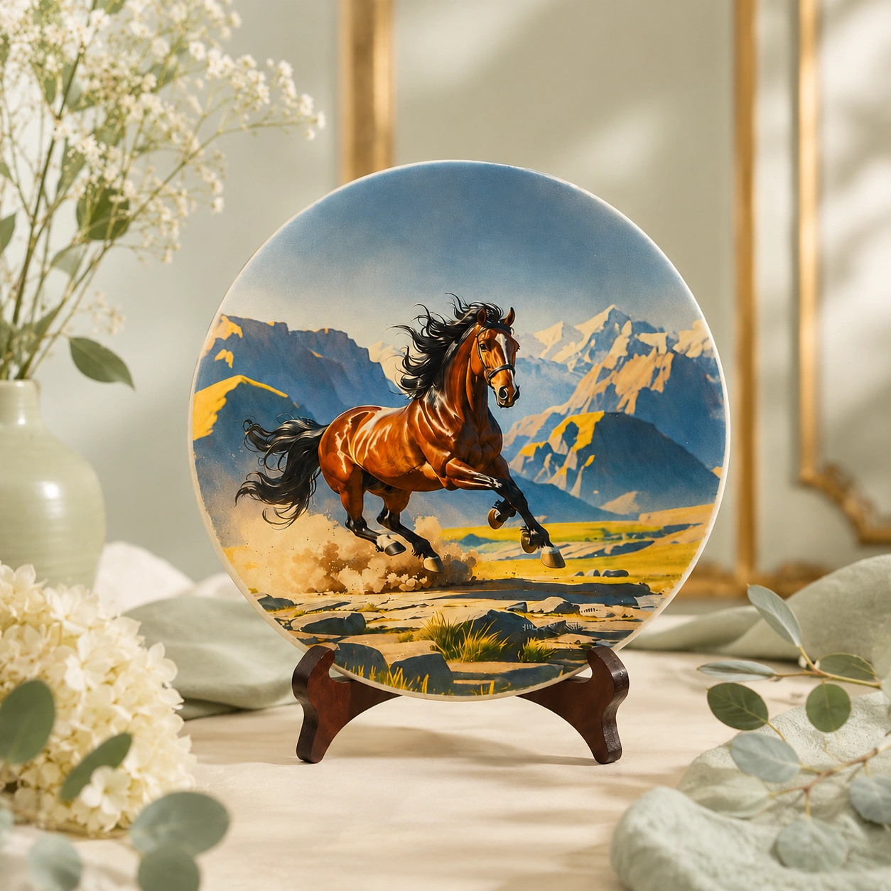 Premium Decorative Horse Art Plate with Wooden Display Stand | Mountain Horse Artwork Tabletop Decor