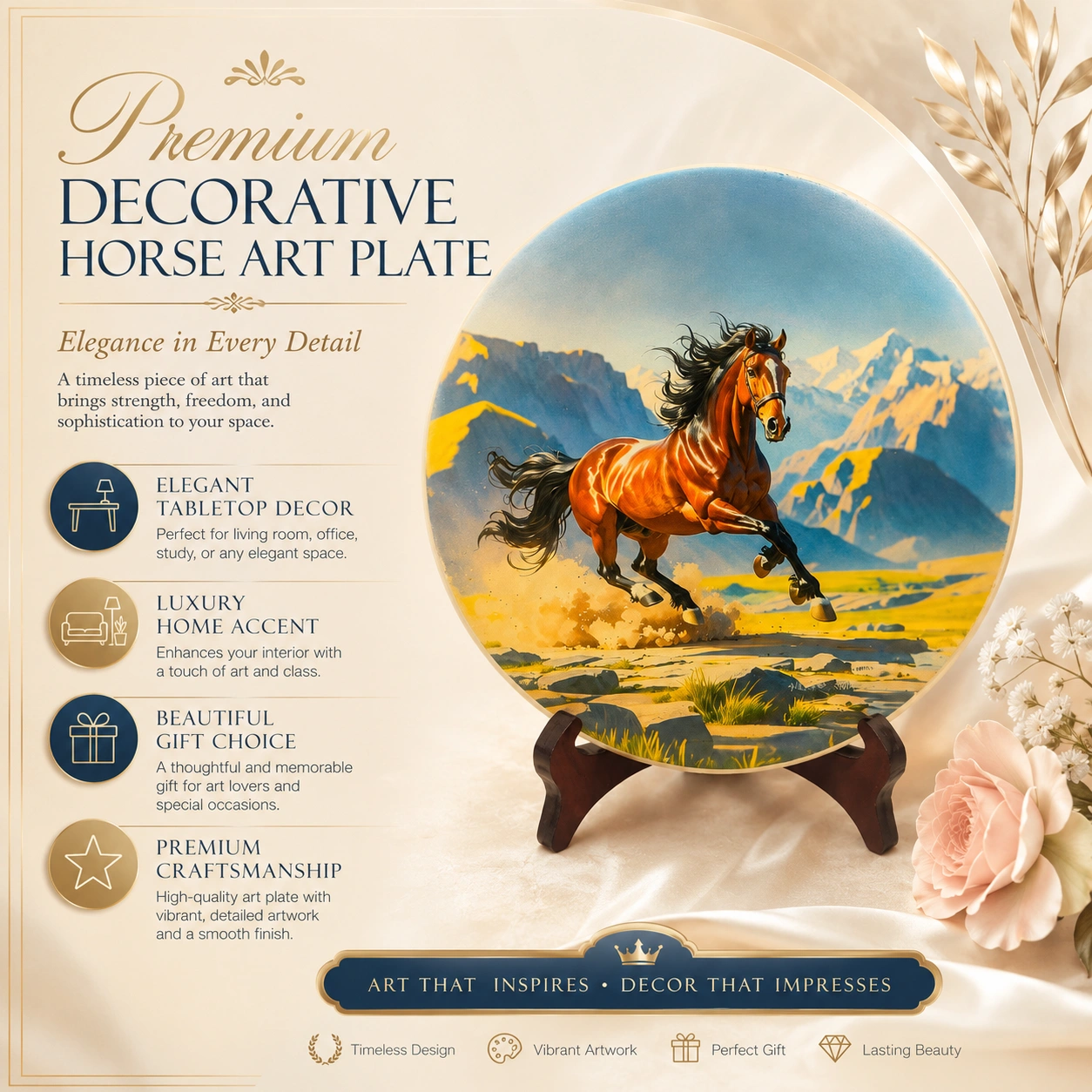 Premium Decorative Horse Art Plate with Wooden Display Stand | Mountain Horse Artwork Tabletop Decor — view 4