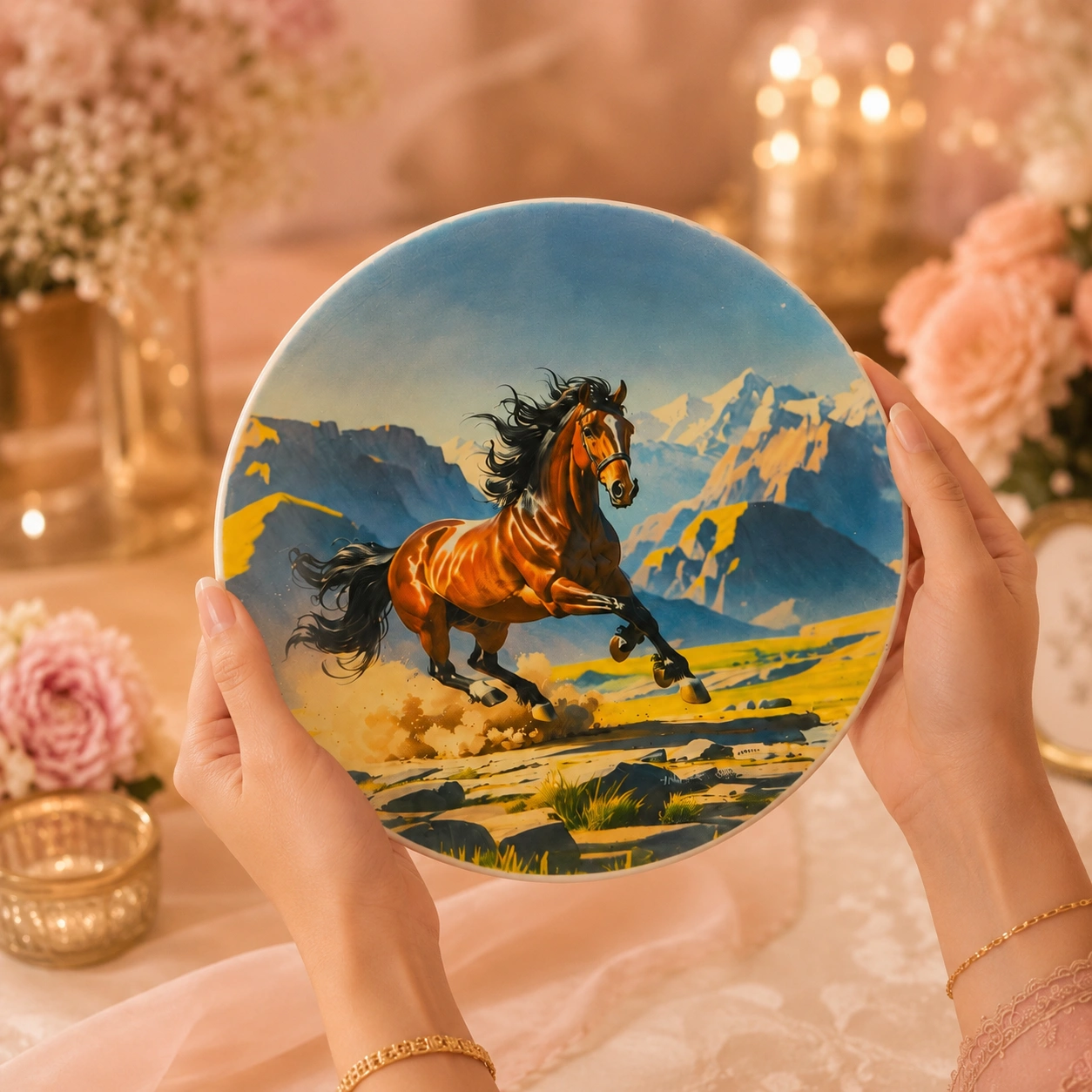 Premium Decorative Horse Art Plate with Wooden Display Stand | Mountain Horse Artwork Tabletop Decor — view 3