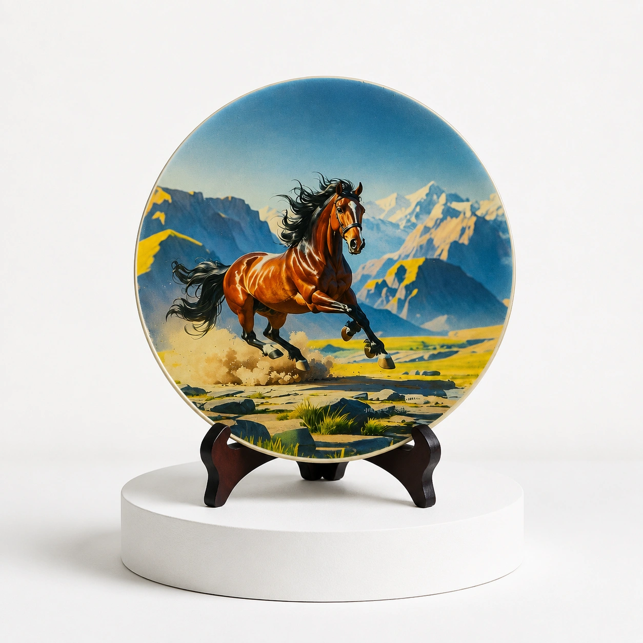 Premium Decorative Horse Art Plate with Wooden Display Stand | Mountain Horse Artwork Tabletop Decor — view 2
