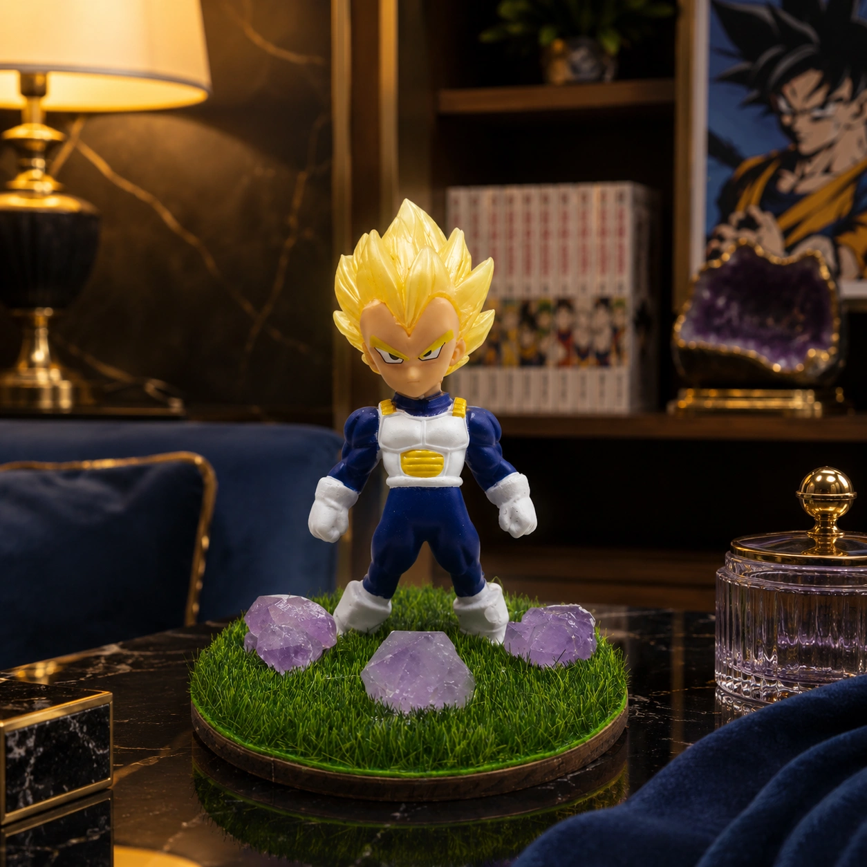 Premium Vegeta Anime Warrior Figurine Decor with Grass Base & Amethyst-Style Crystal Stones 3