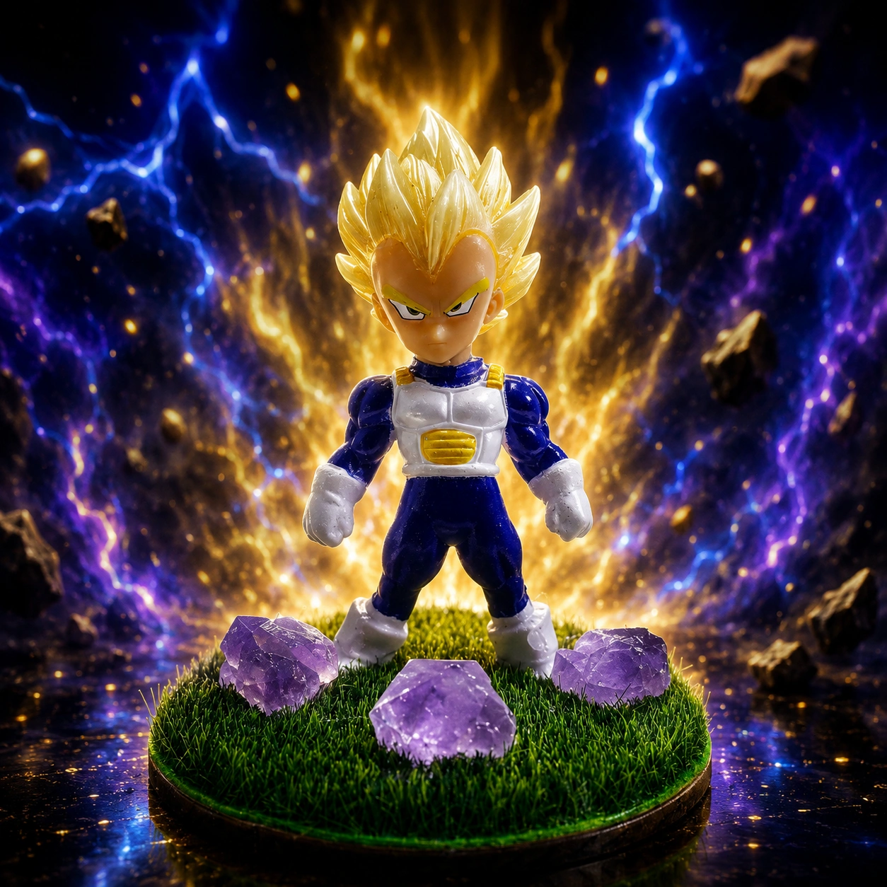 Premium Vegeta Anime Warrior Figurine Decor with Grass Base & Amethyst-Style Crystal Stones 1