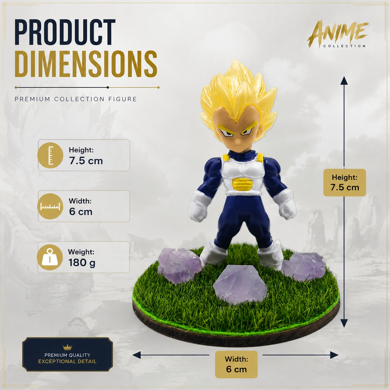 Premium Vegeta Anime Warrior Figurine Decor with Grass Base & Amethyst-Style Crystal Stones 4
