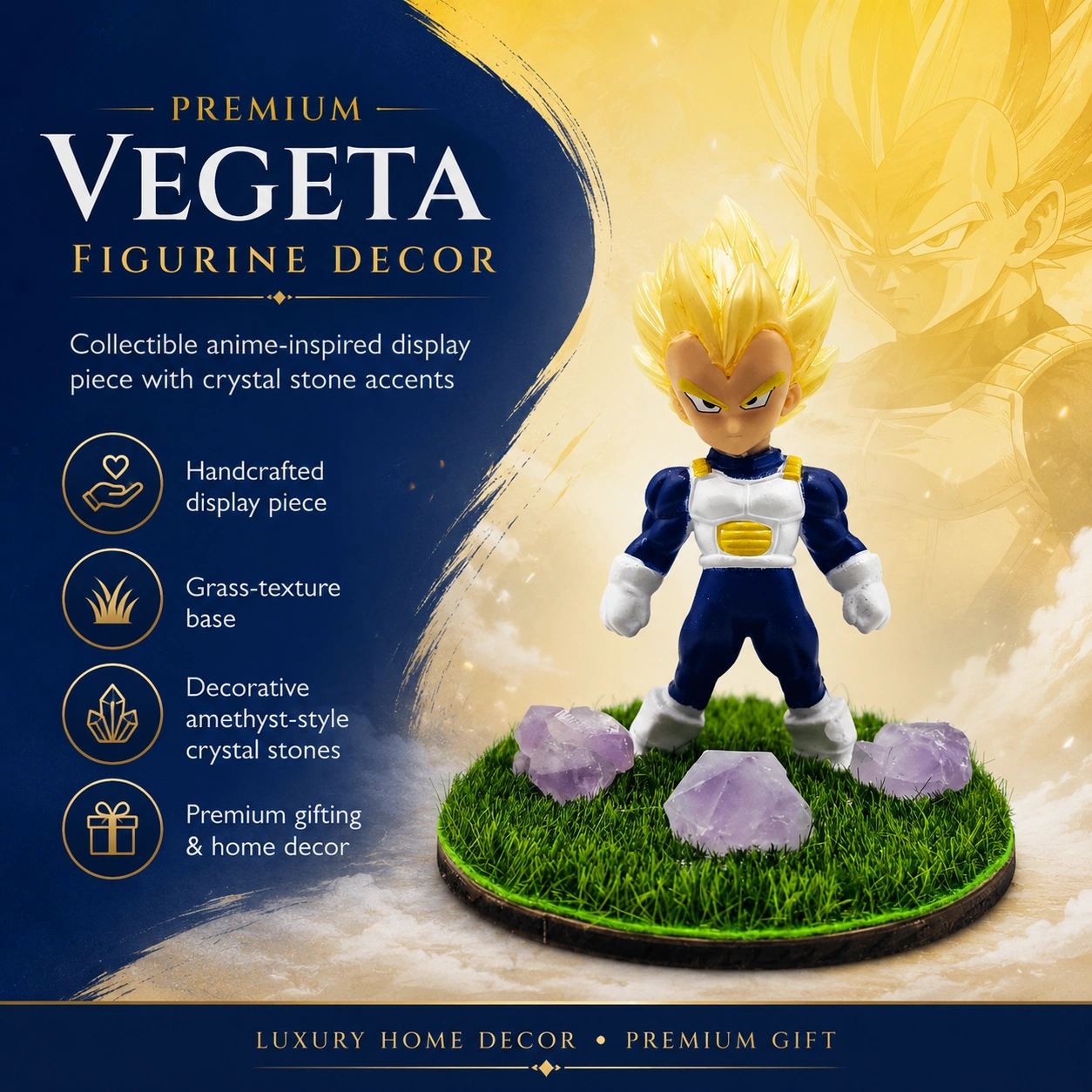 Premium Vegeta Anime Warrior Figurine Decor with Grass Base & Amethyst-Style Crystal Stones 5