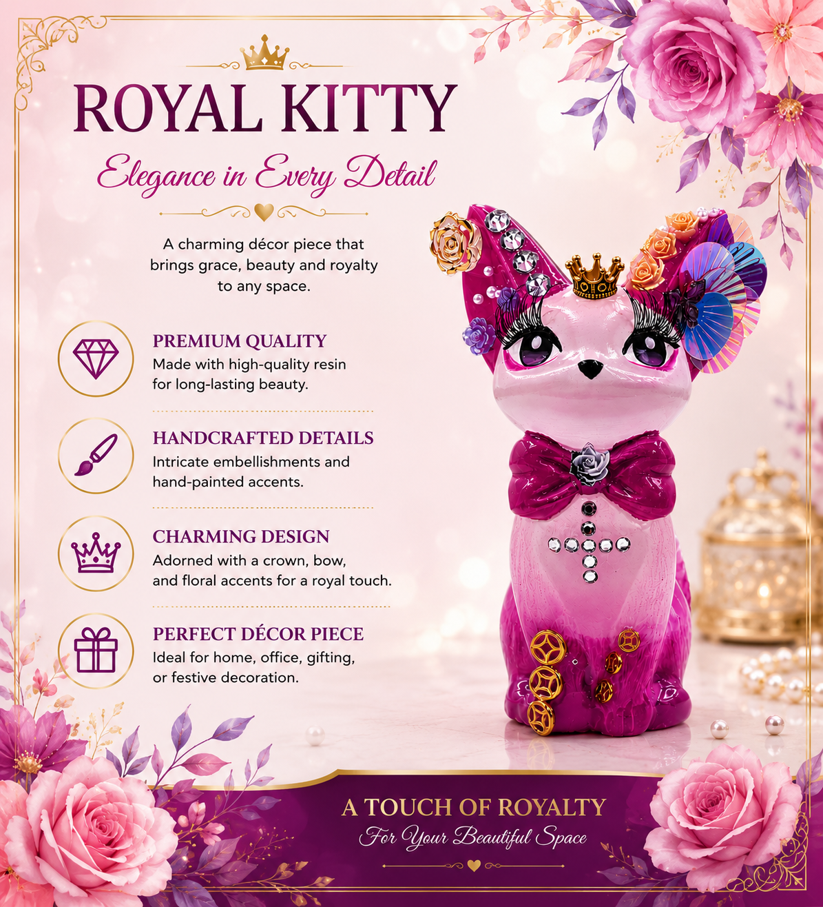 Selenite Royal Kitty Figurine | Handcrafted Premium Selenite Stone | Hand-Painted Embellished Cat Décor | Luxury Home Décor & Gifting 4