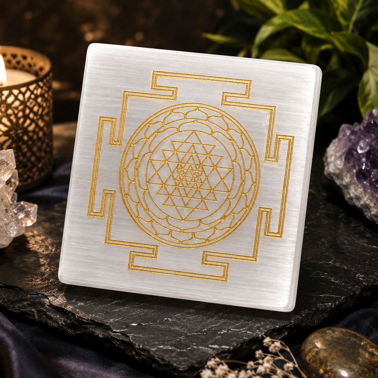 Shree Yantra Selenite Plate for Vastu, Meditation & Prosperity 1