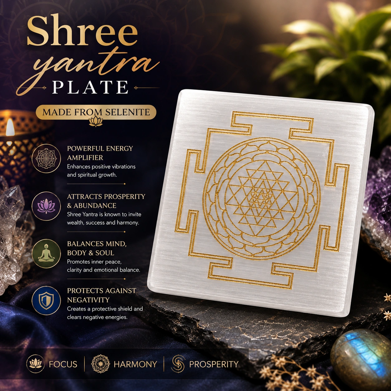 Shree Yantra Selenite Plate for Vastu, Meditation & Prosperity 3