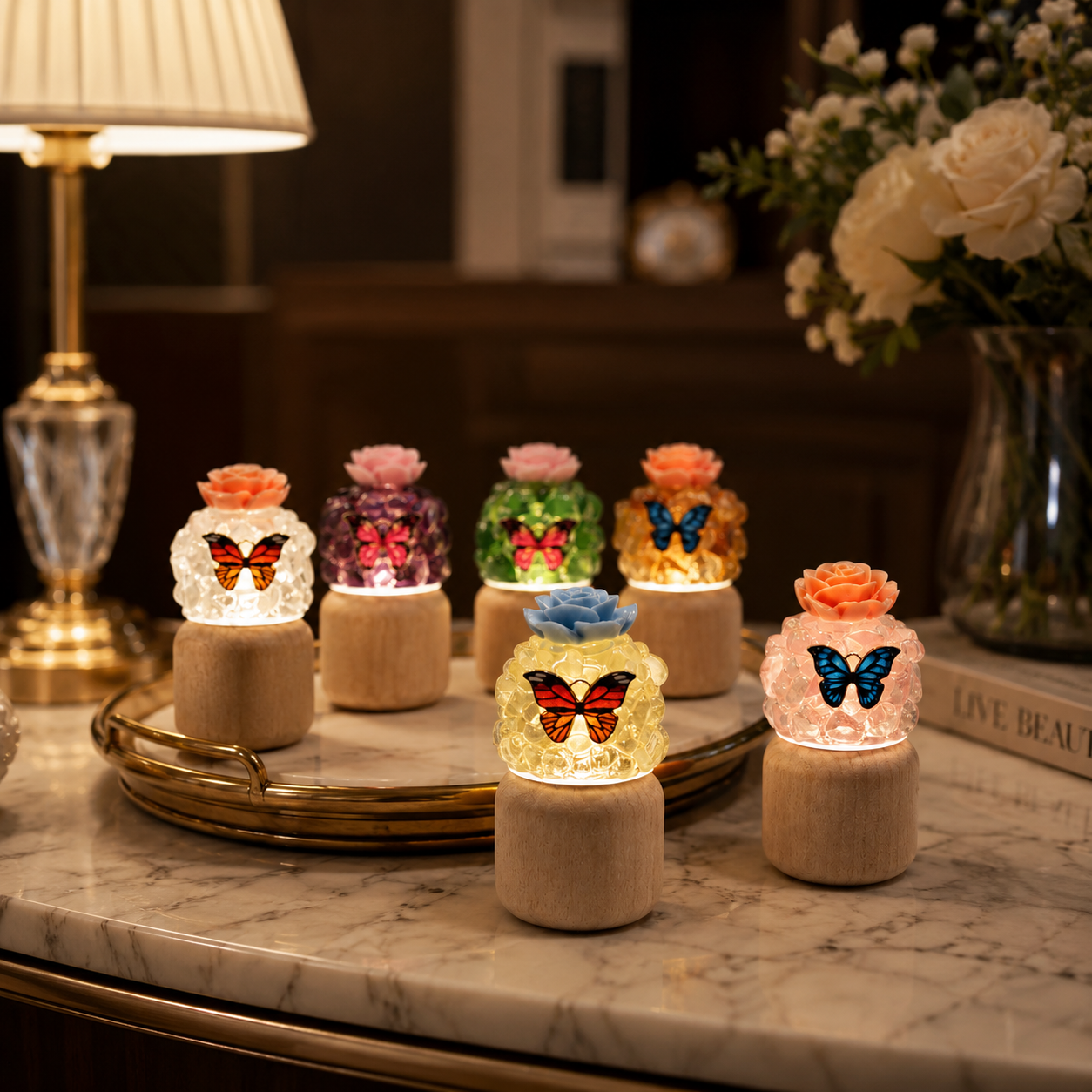 Stone Mart LED Crystal Stone Butterfly Rose Decor Bottle | Mini Wooden Base Warm LED Table Lamp | Natural Crystal Chip Home Décor Gift 4