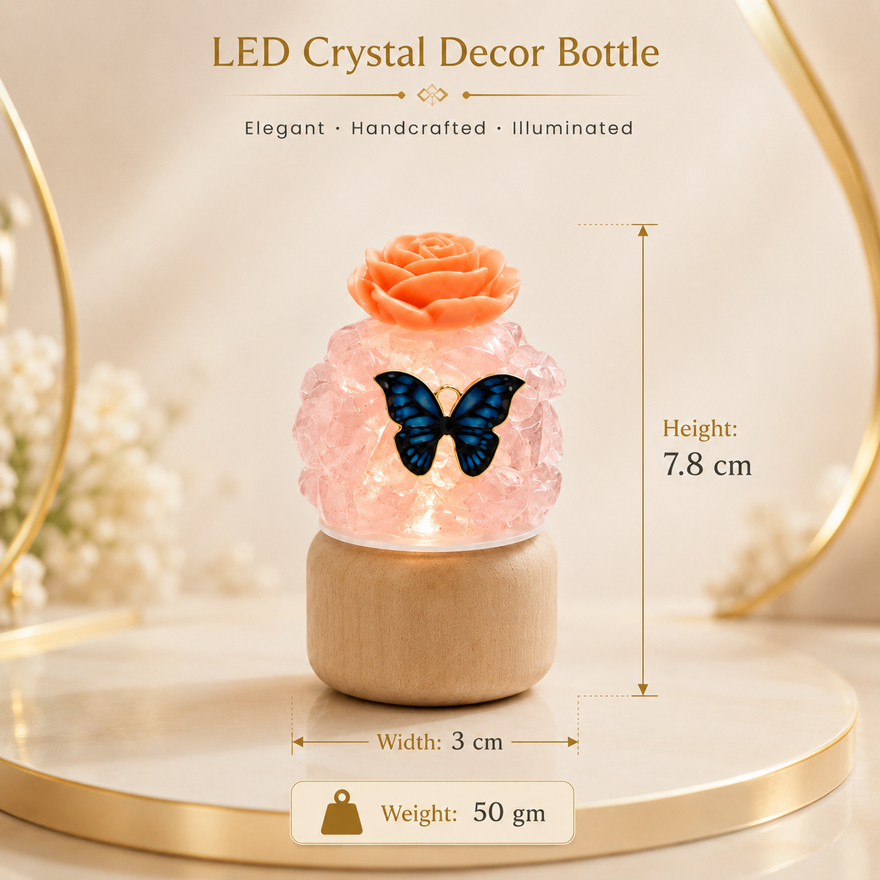 Stone Mart LED Crystal Stone Butterfly Rose Decor Bottle | Mini Wooden Base Warm LED Table Lamp | Natural Crystal Chip Home Décor Gift 5