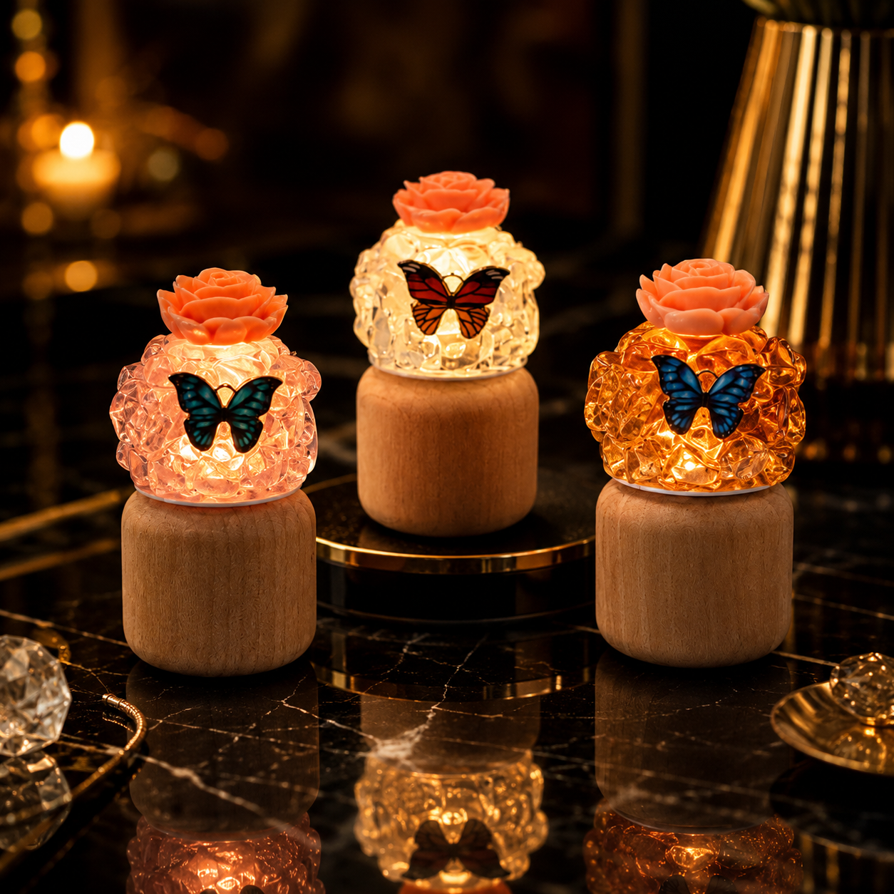 Stone Mart LED Crystal Stone Butterfly Rose Decor Bottle | Mini Wooden Base Warm LED Table Lamp | Natural Crystal Chip Home Décor Gift 1