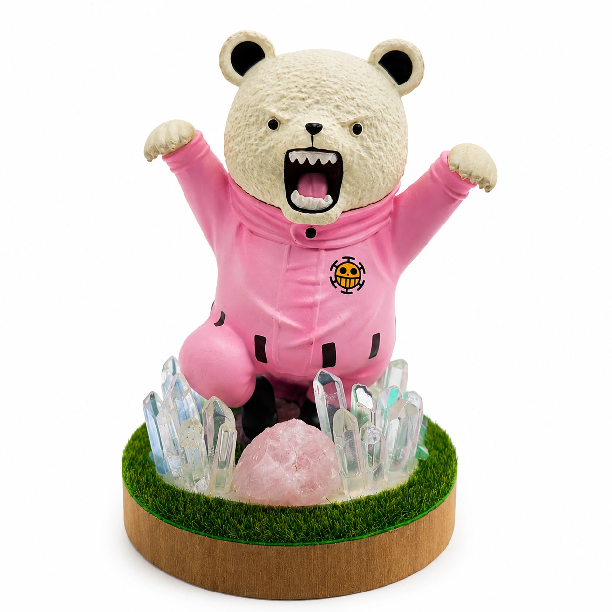 StoneMart Crystal Bear LED Decorative Lamp, Cheerful Bear Figurine in a Pink Boilersuit with Natural Clear Quartz & Rose Quartz on Grass Base (14.5 cm) 2
