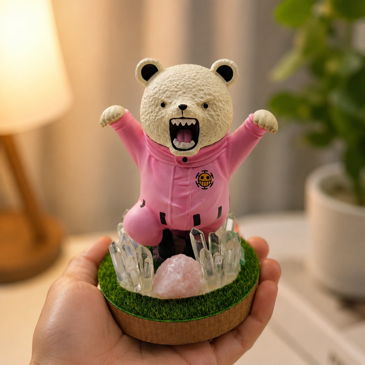 StoneMart Crystal Bear LED Decorative Lamp, Cheerful Bear Figurine in a Pink Boilersuit with Natural Clear Quartz & Rose Quartz on Grass Base (14.5 cm) 3