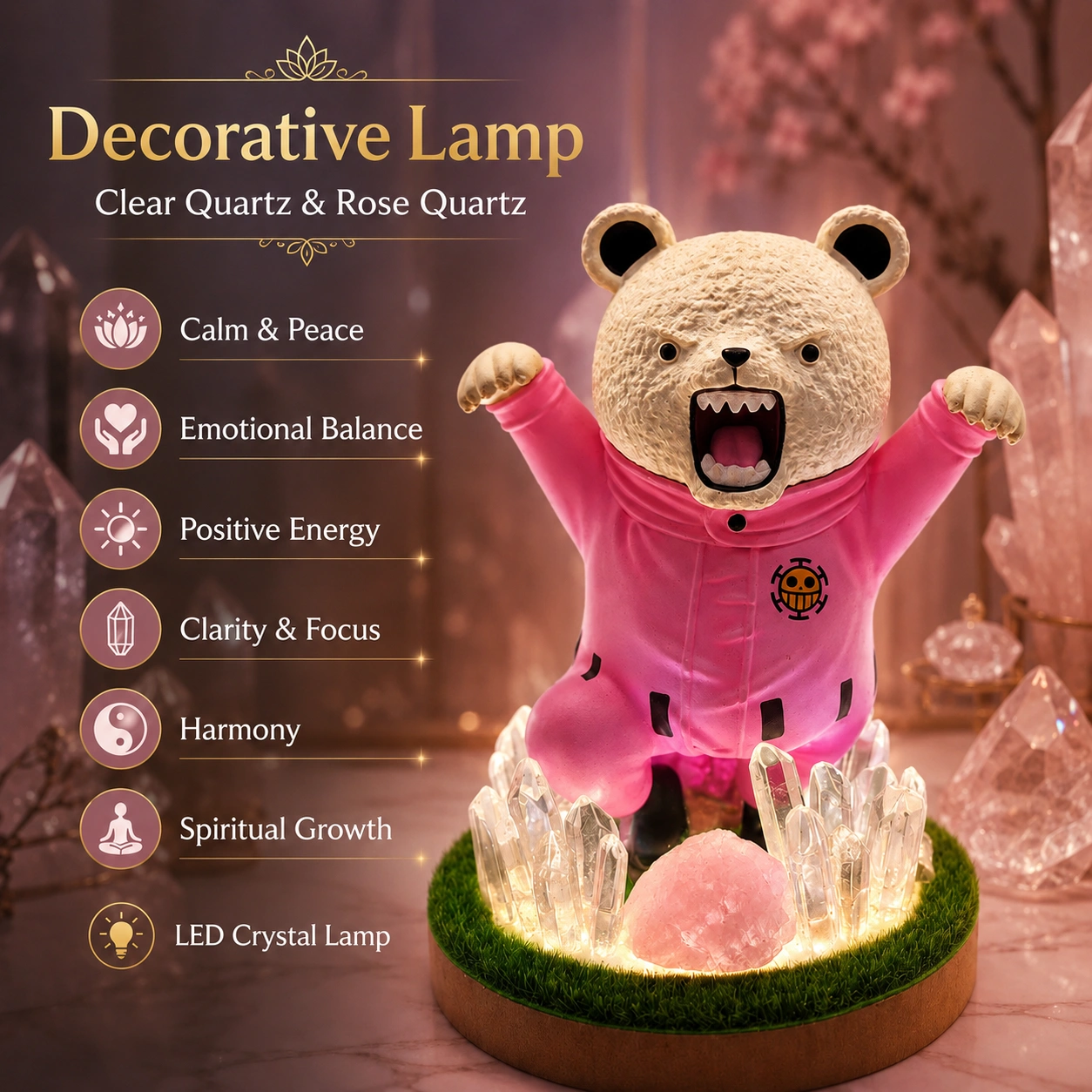StoneMart Crystal Bear LED Decorative Lamp, Cheerful Bear Figurine in a Pink Boilersuit with Natural Clear Quartz & Rose Quartz on Grass Base (14.5 cm) 5